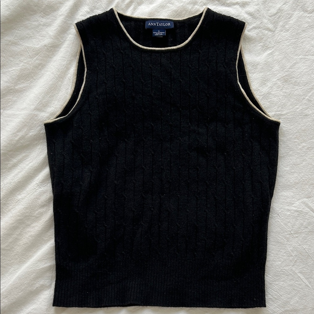 Ann Taylor Black Cashmere Sleeveless Sweater with Cream Trim